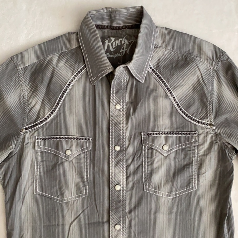 Rock 47 x Wrangler | Cotton Poplin Stripe Long Sleeve Western Pearl Snap Shirt S - Picture 3 of 16